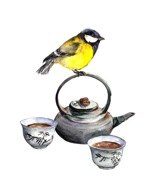 山雀的鸟和亚洲茶道器具. — 图库照片