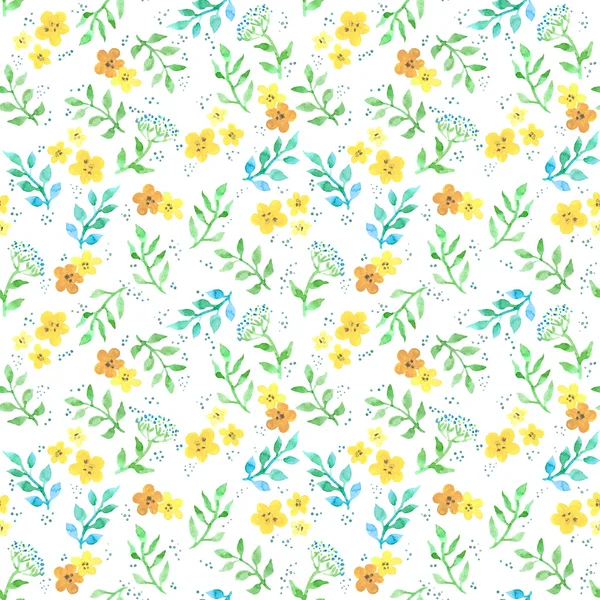 Cute flowers, herbs, grasses. Ditsy seamless pattern. Watercolor — Stock Photo, Image