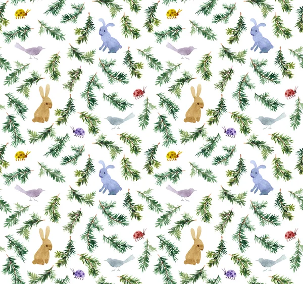 Carini conigli, uccelli, rami albero di Natale. Schema senza soluzione di continuità. Acquerello — Foto Stock