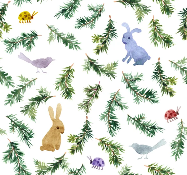 Lindos conejos, pájaros, ramas árbol de navidad. Patrón sin costuras. Acuarela —  Fotos de Stock
