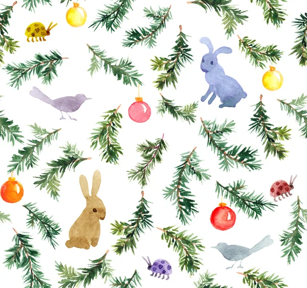 Conigli carini, uccelli, albero di Natale, gingilli. Schema senza soluzione di continuità. Acquerello — Foto Stock