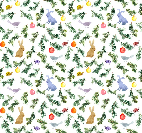 Lindos conejos, pájaros, árbol de navidad, chucherías. Patrón sin costuras. Acuarela —  Fotos de Stock