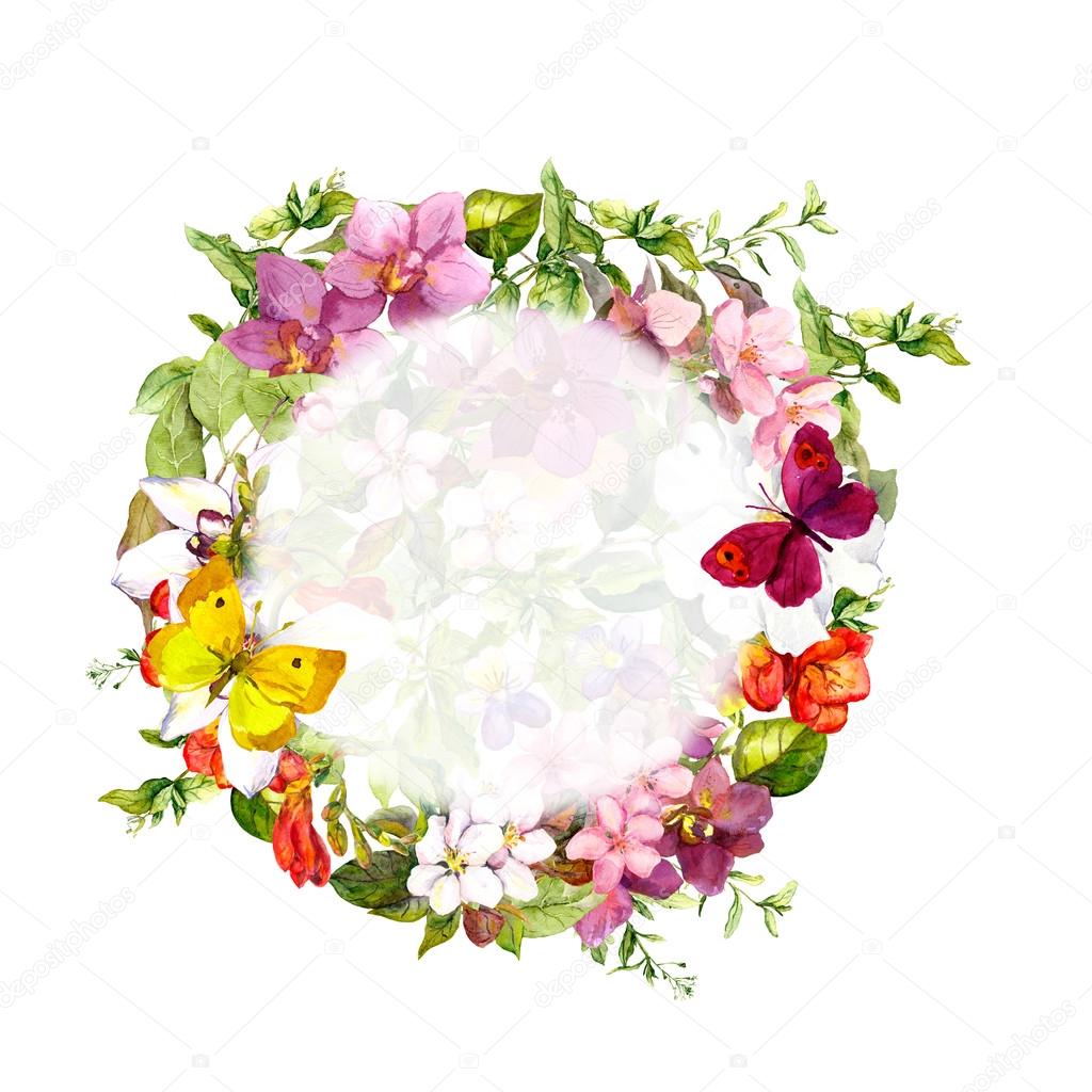 Floral border frame. Butterflies, flowers, wild herbs. Watercolor wreath