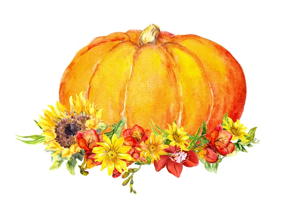 Thanksgiving pumpkin with flowers, fruits. Watercolor