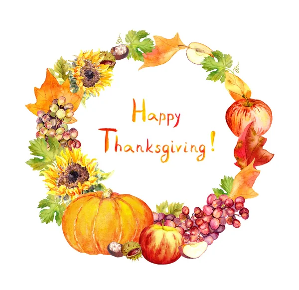 Thanksgiving wreath. Fruits, vegetables - pumpkin, apples, grape, leaves. Watercolor — Stock Photo, Image