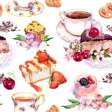 Çay desen - çiçekler, çay fincanı, kek, kuş. Gıda suluboya. Sorunsuz arka plan