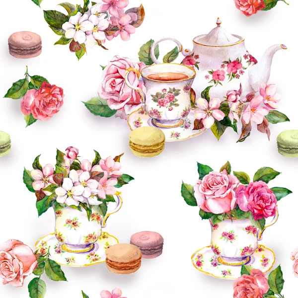 Flores, xícara de chá, bolos, macaroons, panela. Aquarela. Fundo sem costura — Fotografia de Stock