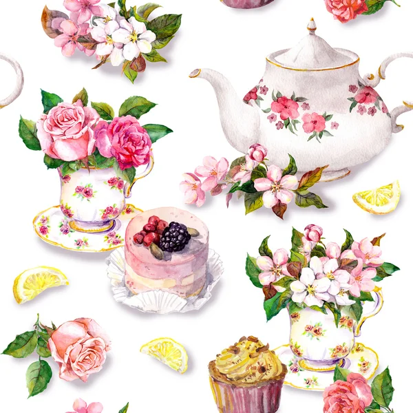 Teatime Muster: Blumen, Teetasse, Kuchen, Teekanne. Aquarell. nahtloser Hintergrund — Stockfoto