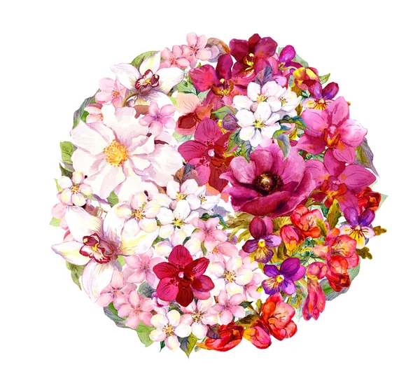 Γιν Γιανγκ σύμβολο με λουλούδια. Ακουαρέλα — Φωτογραφία Αρχείου