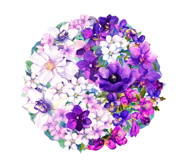 Ying yang σύμβολο με λουλούδια. Ακουαρέλα — Φωτογραφία Αρχείου