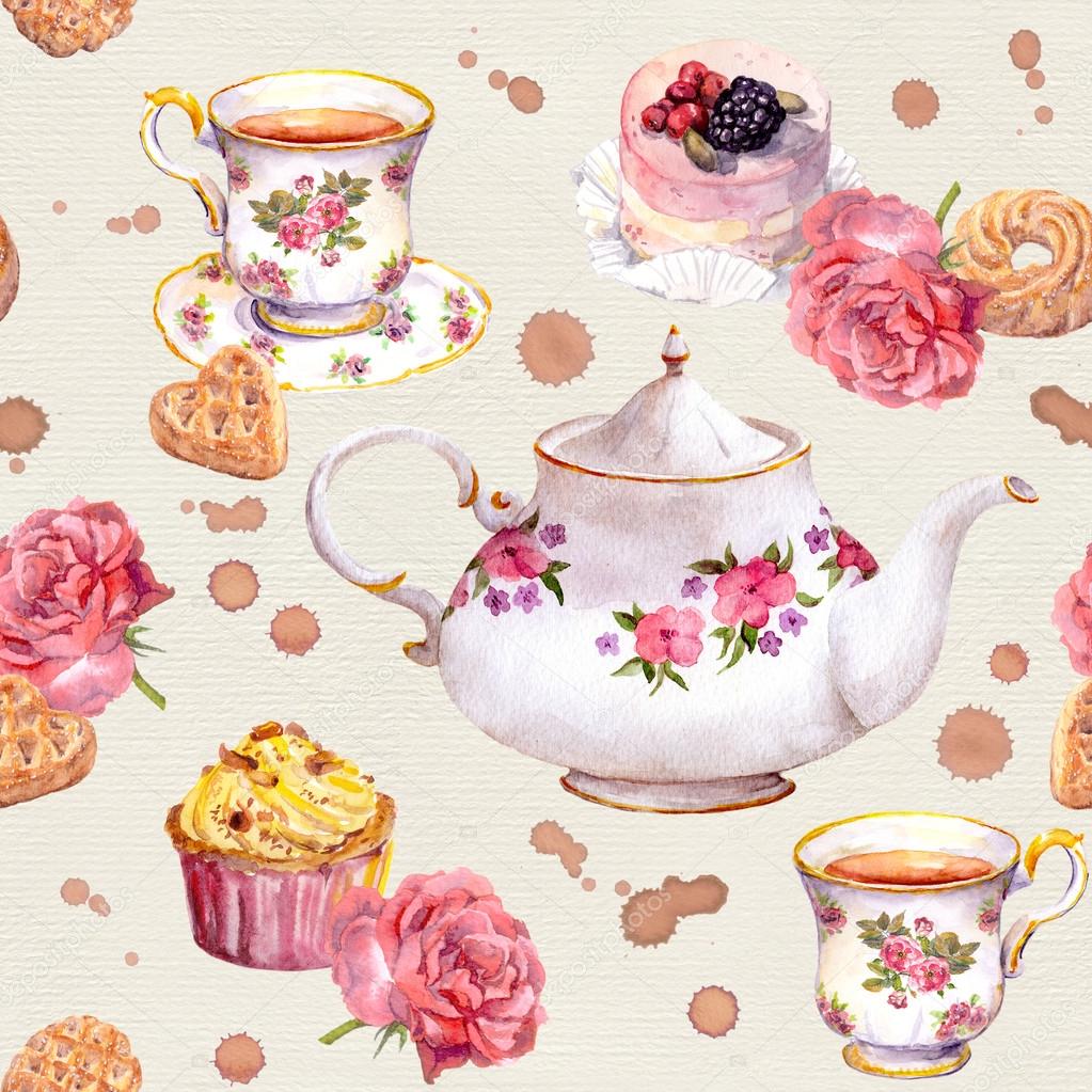 Tea pot, teacup, cakes, flowers. Repeating teatime pattern. Watercolour