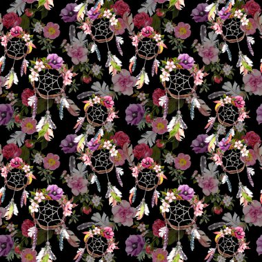 Rüya yakalayıcı, çiçekler, tüyler. Seamless modeli. Suluboya