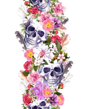 İnsan kafatasları çiçekli. Sorunsuz sınır. Suluboya çerçeve