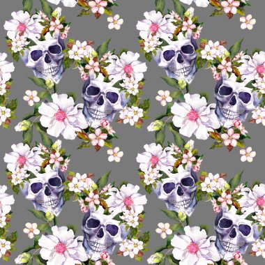 İnsan kafatasları, çiçek grunge tarzı. Seamless modeli. Suluboya