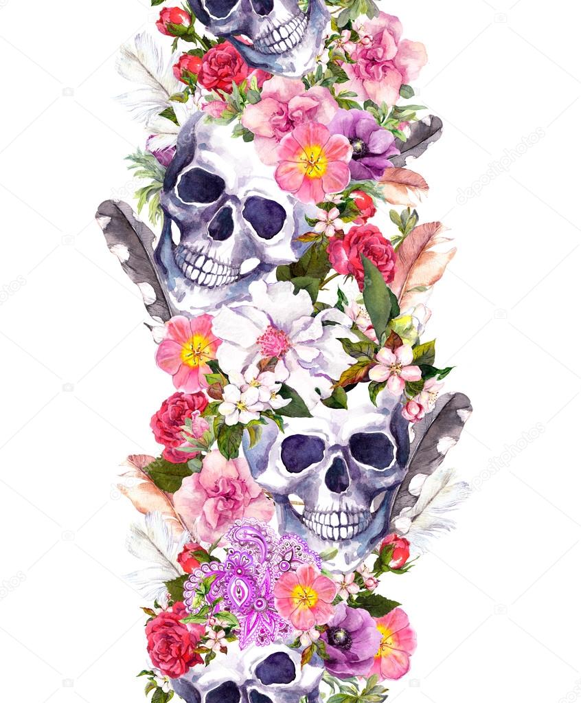 Human skulls with flowers. Seamless border. Watercolor frame