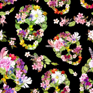 Çiçek kafatasları Dia de los Muertos için. Suluboya