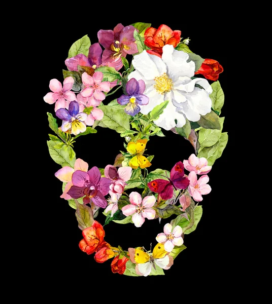 Crâne floral aux fleurs vintage. Aquarelle pour Halloween — Photo