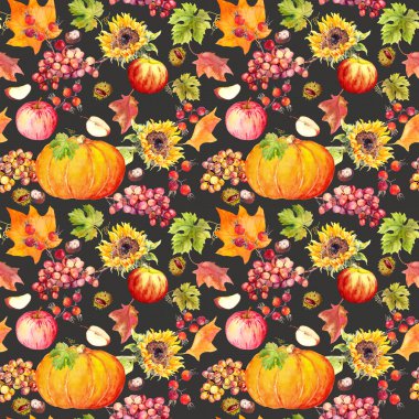 Şükran günü kesintisiz arka plan. Meyve, sebze - kabak, sonbahar yaprakları. Suluboya