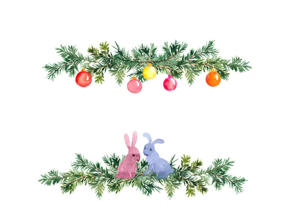 Spruce branches in decorative border. Simple Christmas tree twigs with baubles, rabbits. Fir, pine design — Stock Photo, Image