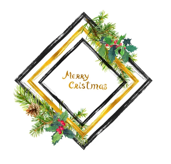 Ramas de abeto con conos, planta de muérdago. Diseño de acuarela con rayas de tinta negra y dorada, letras Feliz Navidad para tarjeta de felicitación — Foto de Stock