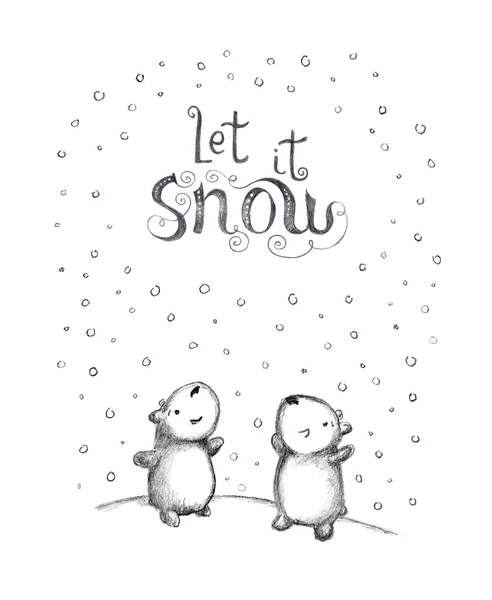 Några björnar i snöfall. Penna doodle med björnar, snöflingor, meddelande citat Låt det snö — Stockfoto