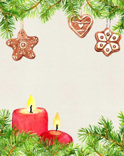 Peperkoek kerstkoekjes, sparren takken, kaarsen. Kerstkaart, leeg leeg. Waterverf — Stockfoto