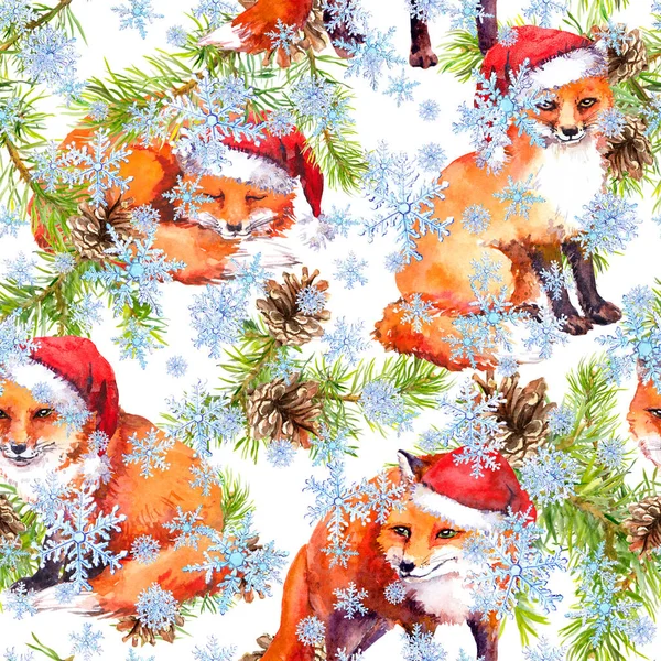 Söta rävar i röda semestermössor i snöfall. Pine julgransgrenar. Sömlöst mönster till jul. Akvarell — Stockfoto
