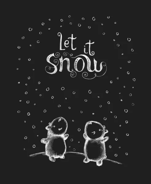 Två björnar faller i snö. Kalk doodle med nalle i snöflingor, text Låt det snöa. Bokstavsnot — Stockfoto
