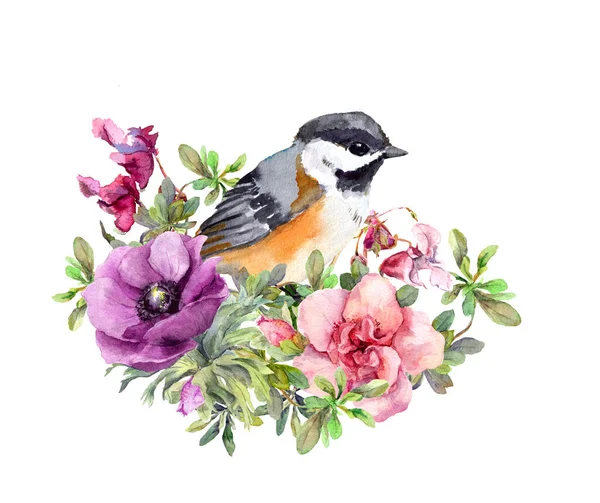 꽃 속의 귀여운 새. 빈티지 플라워 디자인. 수채 색 — 스톡 사진