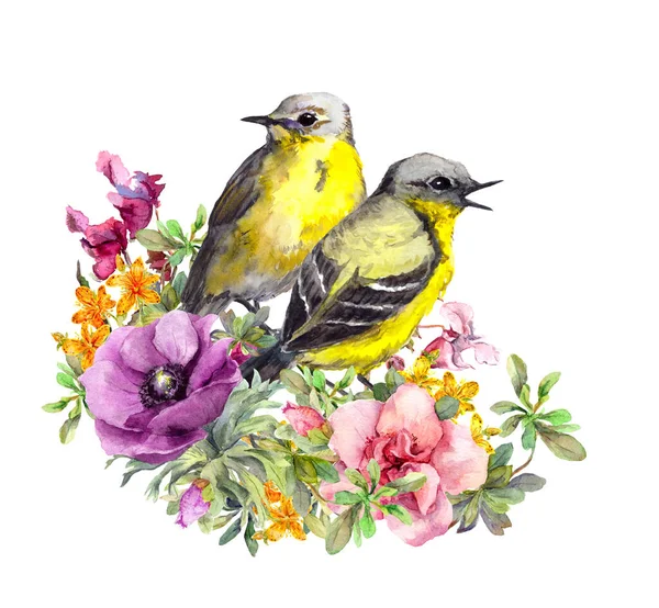 Χαριτωμένο ζευγάρι πουλιών με λουλούδια. Σχεδιασμός για αποθήκευση κάρτας ημερομηνίας. Υδατογραφία — Φωτογραφία Αρχείου