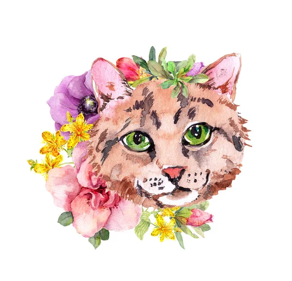 Cute cat face in flowers. Watercolor for t shirt design — Stock Photo, Image