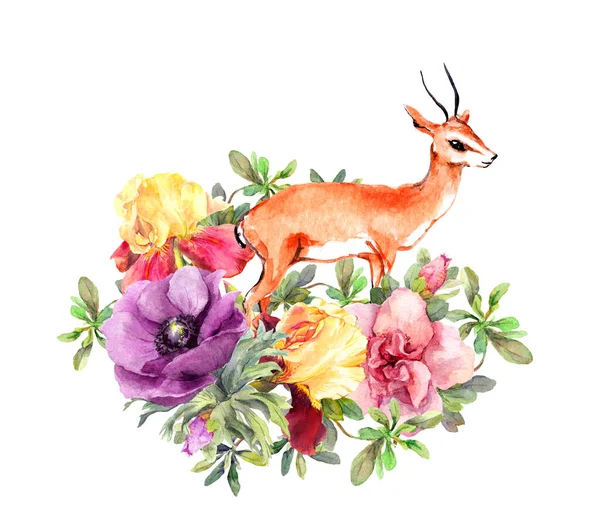 Cute antelope animal in flowers. Floral design. Watercolor