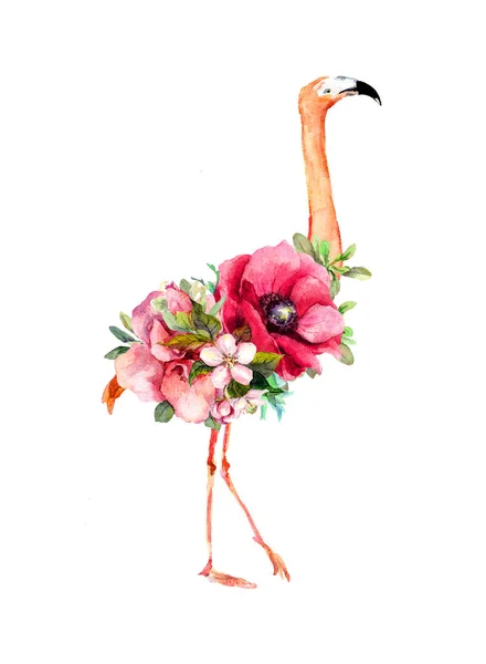 Çiçekli pembe flamingo kuşu. Su rengi — Stok fotoğraf