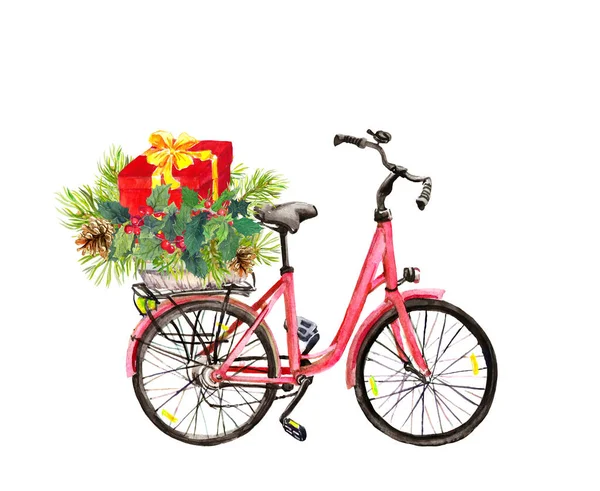 Rode fiets met sparren kerstboomtakken, maretak, rode geschenkdoos. Kerstmis, Nieuwjaar aquarel — Stockfoto