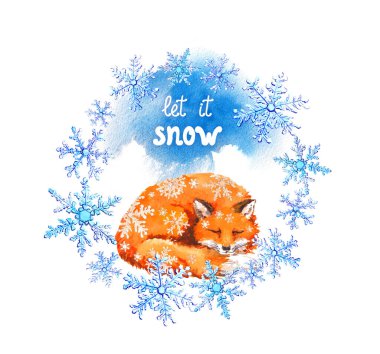 Kar taneli çelenk ve tilki kürklü Noel çelengi. Noel suluboya ve harfleri Kar yağsın 