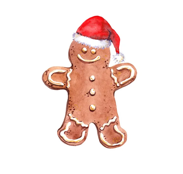 Hombre de jengibre con sombrero rojo de fiesta. Acuarela galletas de jengibre para Navidad — Foto de Stock