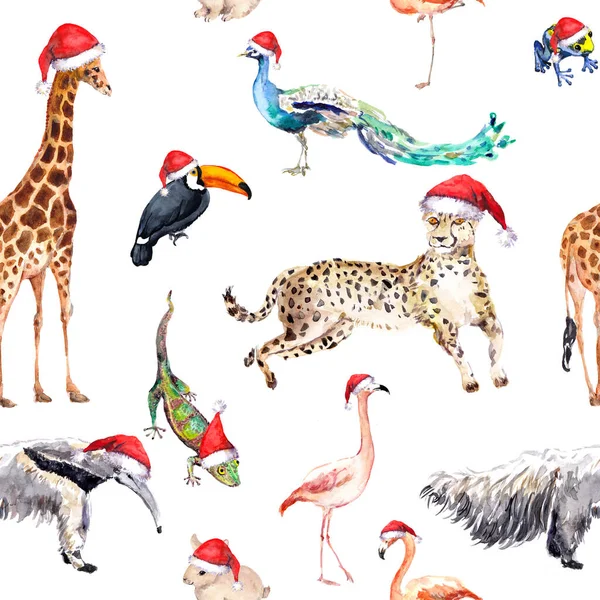 Wild animals, birds in red holiday hats. Seamless pattern for Christmas, New Year. Watercolor