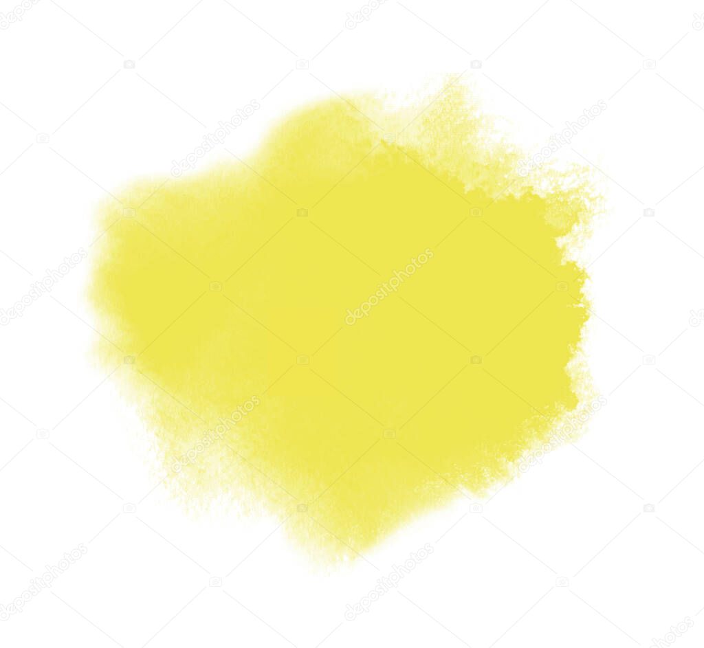 Color of Year 2021 Illuminating. Watercolor blurred splash spot with blots, liquid ink paint splashes. Backsplash yellow stain template