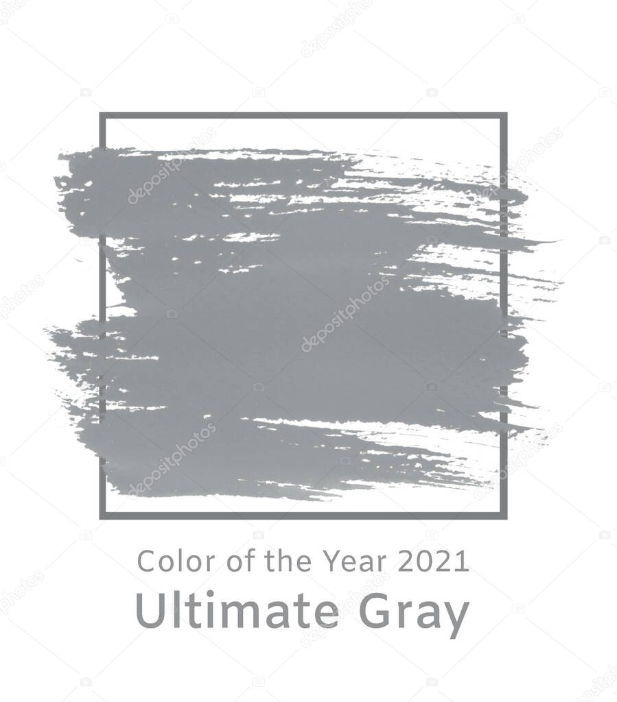 Color of Year 2021 Ultimate Gray. Card with abstract acrylic, watercolor stain with dry brush strokes. Grunge shape spot with paint blots, washes and text