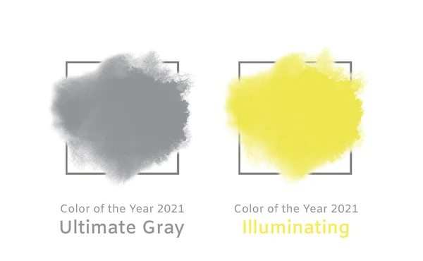 Kolory roku 2021 - Ultimate Gray, Illuminating. Tusz, plamy akwarelowe w ramkach i tekście. Mokre krawędzie, mycie, plama farby. Karta z abstrakcyjną plamą wsteczną — Zdjęcie stockowe