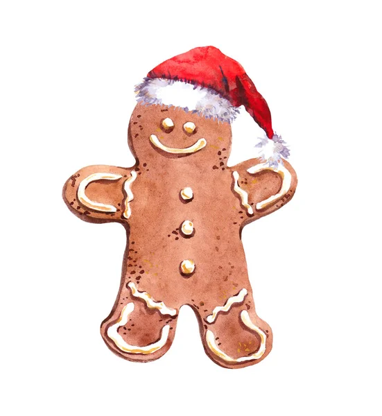 Piernikowy człowiek w czerwonym kapeluszu. Akwarela imbirowe ciasteczka na Boże Narodzenie — Zdjęcie stockowe
