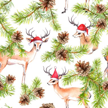Çam Noel ağacı dalları, kırmızı şapkalı geyik hayvanları. Noel için kusursuz bir geçmiş. Suluboya