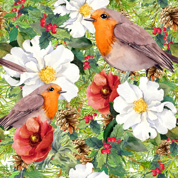 Fir tree branches, mistletoe, winter flowers, robin birds. Christmas repeating background. Watercolor — Fotografia de Stock