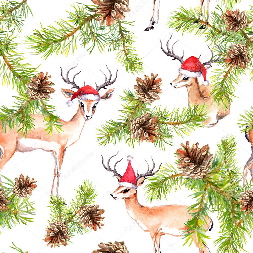 Pine christmas tree twigs, deer animals in red holiday hats. Seamless background for Christmas. Watercolor