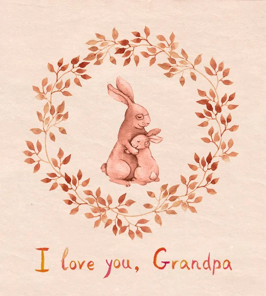 Grandparents day card. Grandma rabbit hugs child. Watercolor — Stock Photo, Image