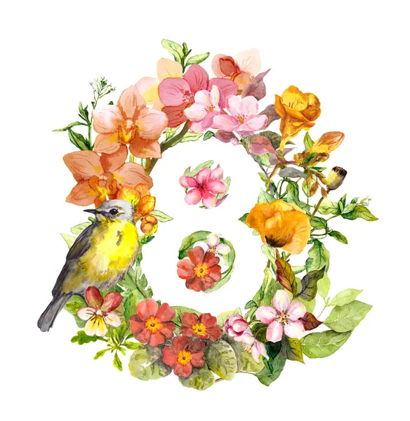 Kwiaty, ptaszku. Kartka kwiatowa na 8 marca. Akwarela — Zdjęcie stockowe