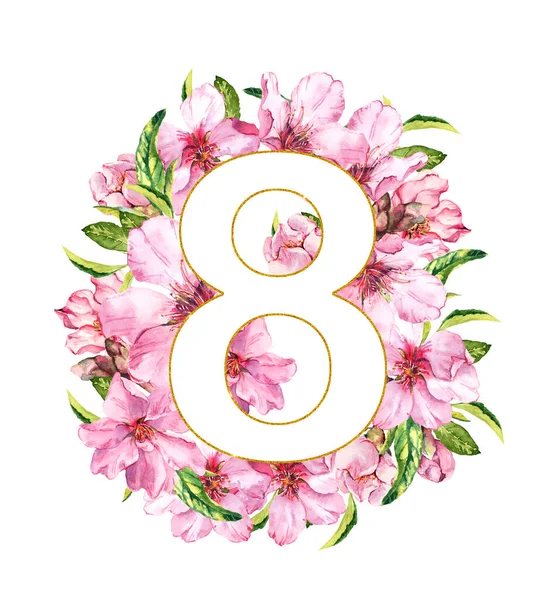 8 de marzo - tarjeta floral. Flores rosadas de primavera, flor de cerezo y hojas verdes. Acuarela — Foto de Stock