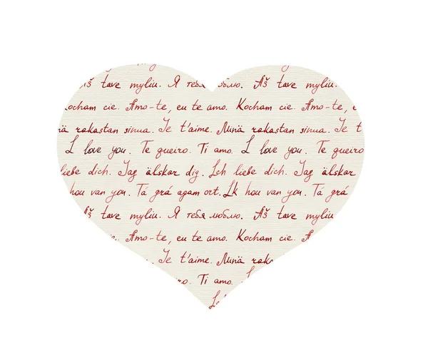 Coeur avec texte manuscrit Je t'aime en langues mixtes anglais, français, allemand, espagnol, polonais, autres. Vintage noté en forme de coeur texturé en papier pour la Saint Valentin — Photo