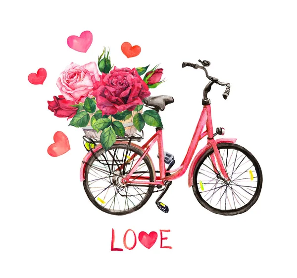 Bicicletta vintage con fiori di rosa e rosa rossa nel cestino, cuori, testo Amore. Illustrazione ad acquerello per San Valentino, Salva scheda data — Foto Stock