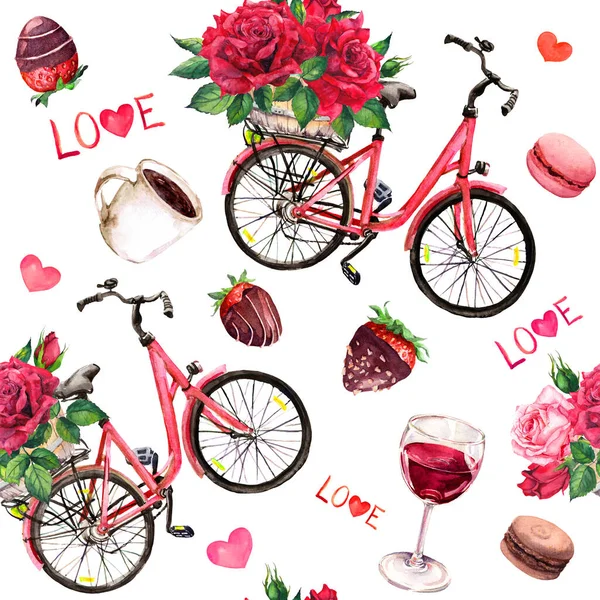 Patrón sin costuras de San Valentín. Bicicleta vintage con ramos de rosas rojas, corazones, bombones de chocolate, fresas, copa de vino, texto Love. Acuarela flores, dulces — Foto de Stock